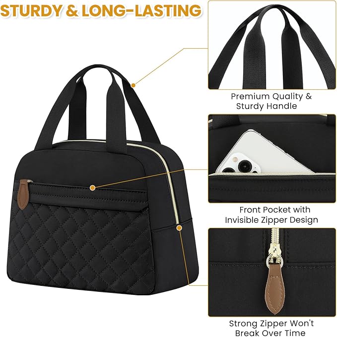 Insulated Lunch Bag for Women, Portable Lightweight Lunch Box for Adults, Reusable Lunch Tote Cooler Bags with Front Zipper Pocket for Work School Picnic(Black, Large)