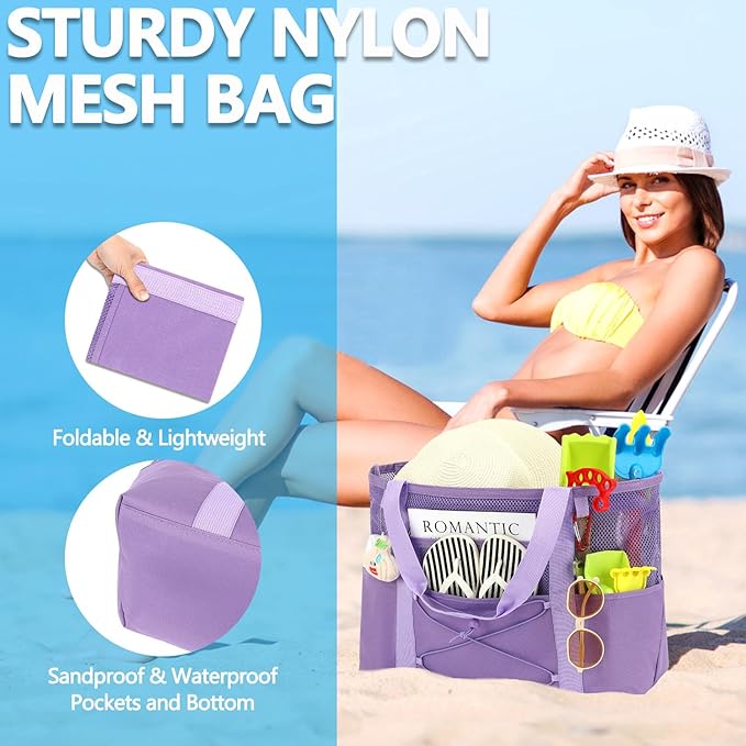 Mesh Beach Bag, Large Beach Tote with Zipper Pocket, Toys Pool Bag for Family Travel Vacation Cruise Essentials