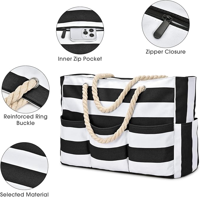 Becokan Beach Bags for Women Canvas Large Beach Tote Bag Zipper Waterproof Sandproof Foldable Swim Pool Bag with 7 Pockets