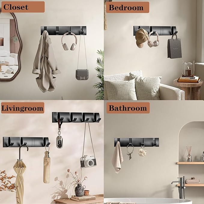 Folding Coat Hooks, Wall Mounted Coat Rack with 8 Retractable Hooks, Heavy Duty Towel Rack for Bathroom Wall Hook for Hanging Clothes Bathrobe, Stainless Steel Coat Hanger for Entryway(Black)