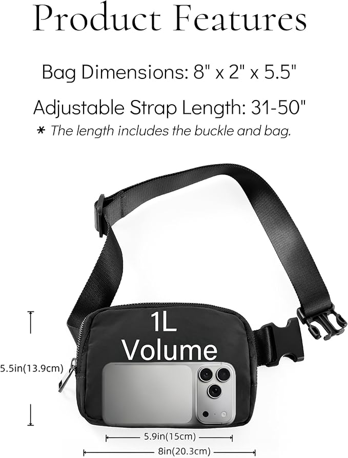 Fanny Pack Crossbody Bag Trendy Waterproof Small Sling Cross Body Purse for Women Men Fashion Waist Packs Mini Belt Pouch Chest Bum Hip Bag Lulu Dupes for Travel Vacation Running Black