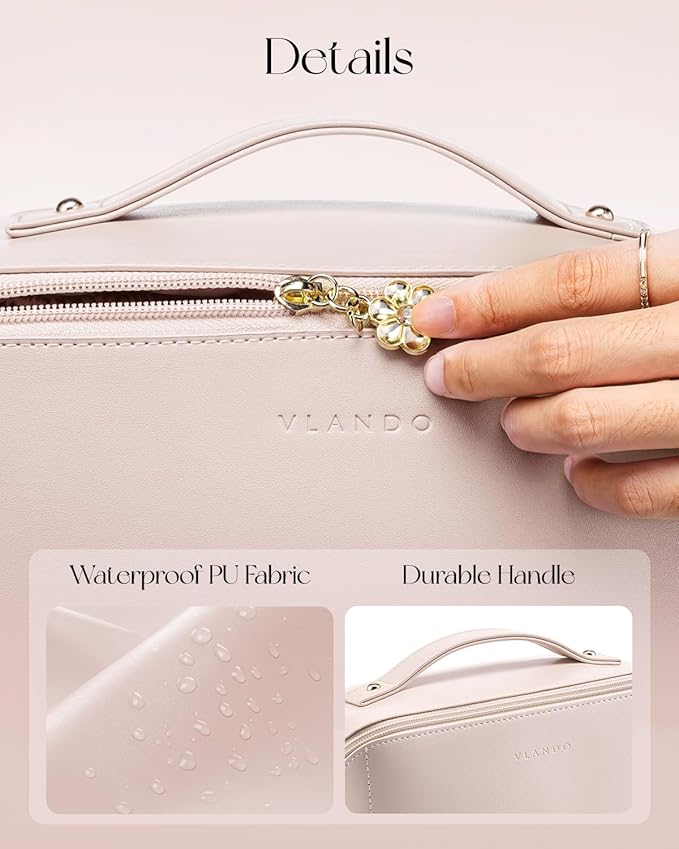 VLANDO Makeup Bag,Travel Toiletry Bag,Cosmetic Bag for Women PU Leather Portable Make up Bag for Skincare, Brushes & Travel Essentials-Apricot Pink