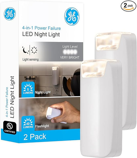 GE 4-in-1 Power Outage Plug in Night Light LED Flashlight for Dorm Room, Apartment Essentials, Battery Operated Lights Emergency Supplies, Dusk to Dawn Sensor Nightlight, 2 Pack, White 49578