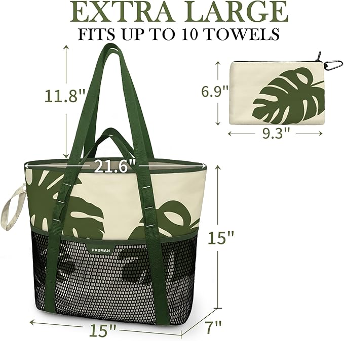 Large Beach Bag with Zipper-8 Pockets Sandproof Beach Tote Bag for Women,Foldable Lightweight Family Swim Bag Vacation