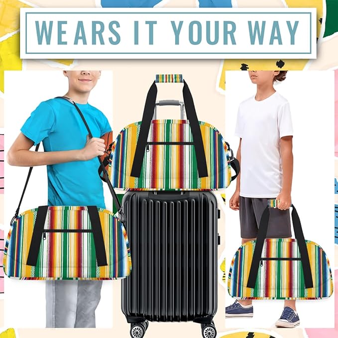 Kids Duffle Bag Girls Boys Colorful Mexican Striped Weekender Overnight Bag,Lightweight Duffel Bags for Traveling Gym Sport Dance