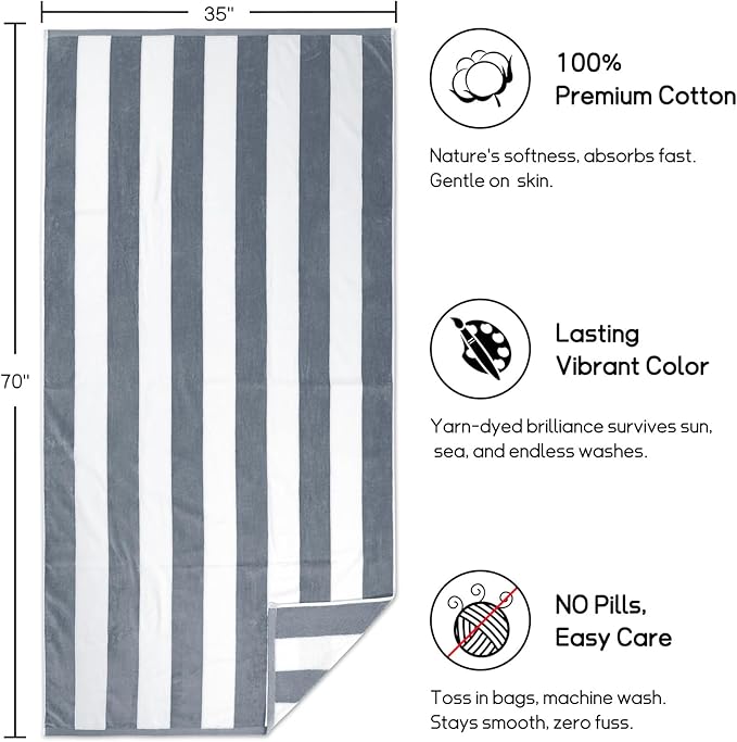 cabanana Large Oversized Beach Towel - 35 x 70 Inch Cotton Pool Towel, Gray Striped Soft Cabana Swim Towel