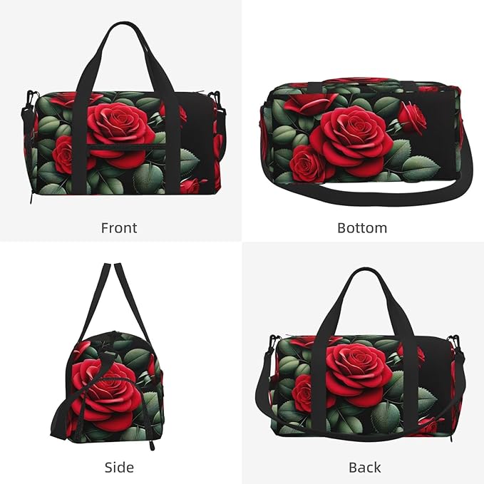 Vitality Rose Print Gym Bag with Shoe Compartment for Women Men, 17.7in Sports Duffle Weekender Tote, Overnight Travel Duffel Bag Carry On