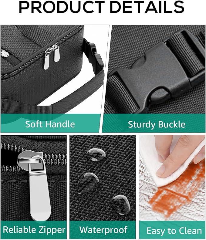 HowFly Small Lunch Bag - Insulated Lunch Box Bag for Women Men - Portable Thermal Reusable Meal Cooler Bags with Buckle Handle for Work School - Black