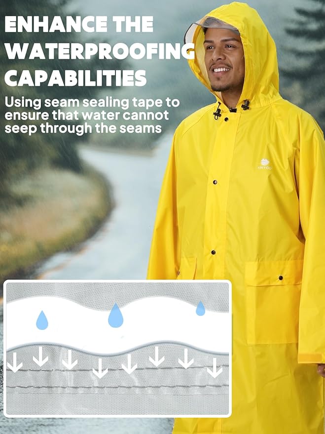 ANYOO Waterproof Rain Jacket for Men Women Lightweight Long Sleeve Raincoat with Hood Emergency Rain Poncho Adults for Hiking