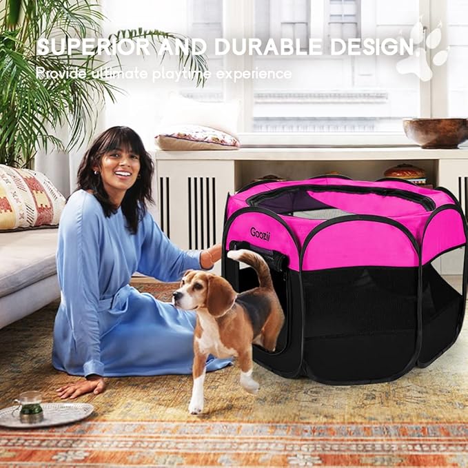 Pet Cat Playpen for Indoor Cats Enclosed, Portable Foldable Dog Playpen Outdoor Tent Crate Cage with Zipper Top Cover Door for Kitten Puppy Outside Rv Car Camper (Small Size, Pink)