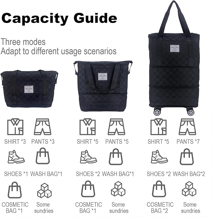 Expandable foldable duffel bag suitcase, detachable rolling wheels,carry-on large duffel bag,luggage bag,suit gym,camping,travel or business trip,Gift for wife and parents-Checkerboard(BLACK)