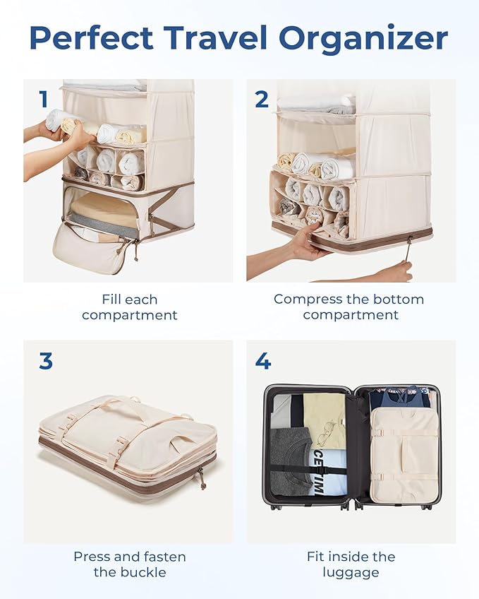 BAGSMART Hanging Packing Cubes for Travel, Hanging Shelves for Suitcases Organizers, Compression 4 Shelf Closet Organizers, Travel Shelves for Cruise Ship Essentials