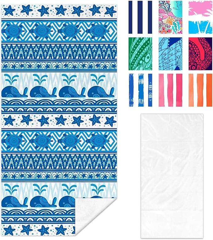Whale Pattern Beach Towel - 35x70 Inch Fast Dry Microfiber Towel, Lightweight & Versatile for Beach, Pool, Yoga, Travel, Ideal as Beach Blanket & Vacation Essential