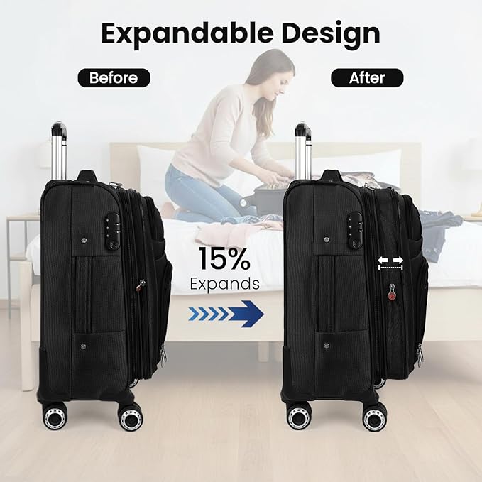 20'' Carry on Luggage,Softside Suitcase w/Combination LOCK,Expandable 15% Luggage w/Double Spinner Wheels,Lightweight Rolling Suitcases for Men/Women（Black,20in）