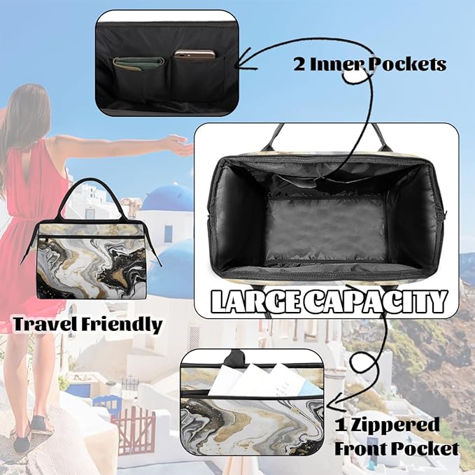 White Golden Black Marble Print Travel Duffel Bag, Waterproof Sports Gym Duffle Bag, Large Capacity Weekender Carry On Overnight Bags for Women Men