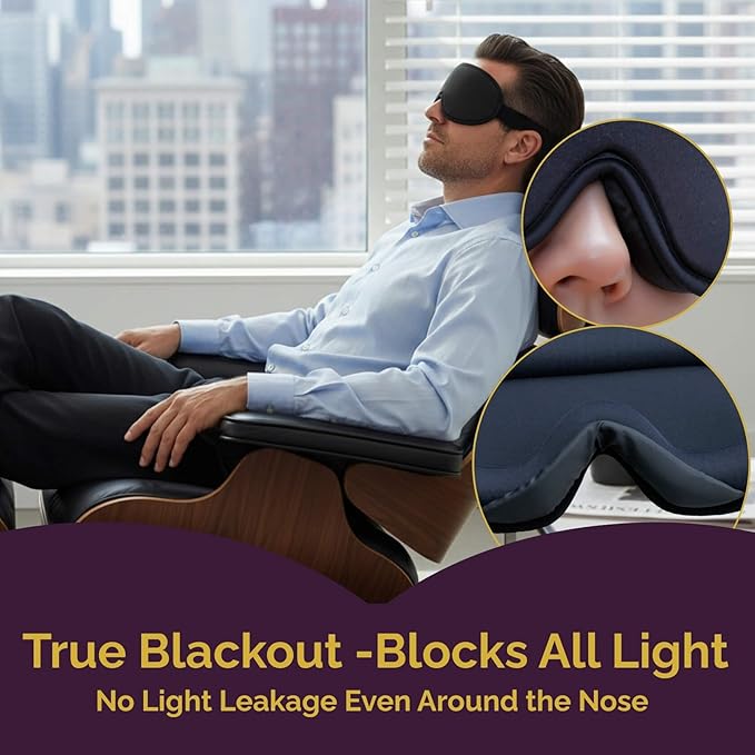 3D Sleep Mask for Back Sleepers - True Blackout Eye Masks for Sleep - Zero Eye Pressure Nose Seal Eye Cover for Meditation, Naps & Travel, Adjustable & Comfortable - Jet Black