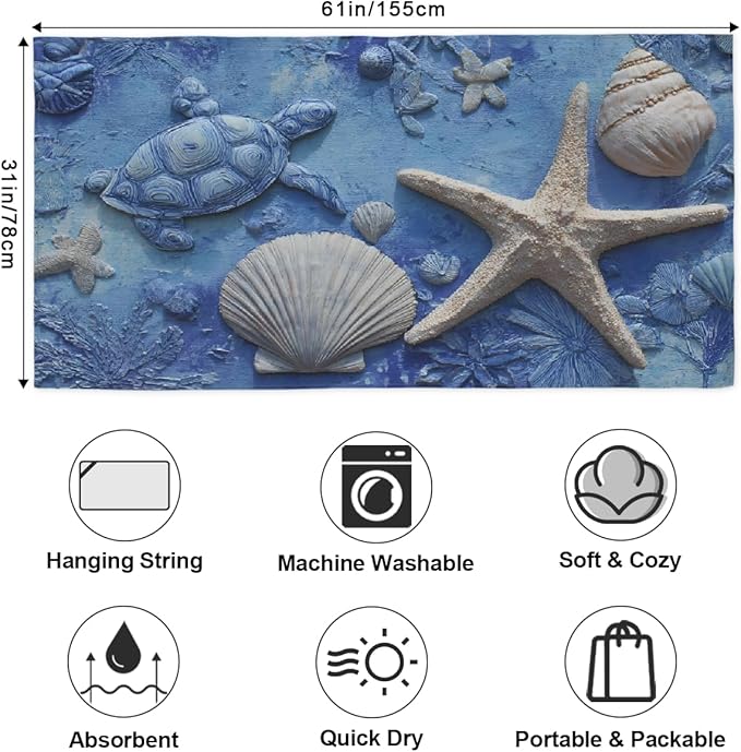 Turtle Starfish Seashell Blue Beach Towel, Large Microfiber Quick Dry Lightweight Pool Bath Towels Sand Free Beach Blanket for Summer Cruise Yoga Camping Travel Vacation Essentials 31 x 61 in