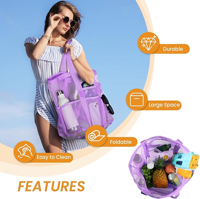 Tavaleu Mesh Beach Bag - Large Beach Tote with Multi Functional Pockets for Family Travel/Vacation