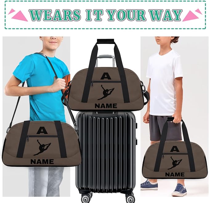 Personalize-Kids-Sports-Duffel-Bags With Custom Name Text Carry-On Overnight Travel Gym Lightweight Dance Pattern Sports Bags For Girls Boys Kids,Brown
