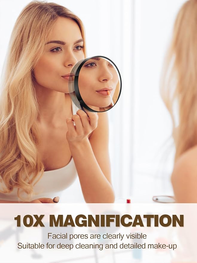 10X Magnifying Mirror with 2 Suction Cups, 3.5 inches Magnified Makeup Mirror and Slant Tweezers,Black,1PC