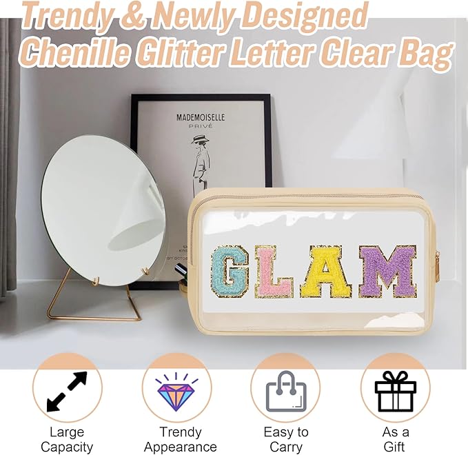 Chenille Letter Clear Makeup Bags Glam Pouch, Preppy Patch Makeup Bag with Zipper, Transparent PVC & Nylon Waterproof Portable Glitter Cosmetic Bag Travel Toiletry Storage for Women Girls(GLAM-Beige)
