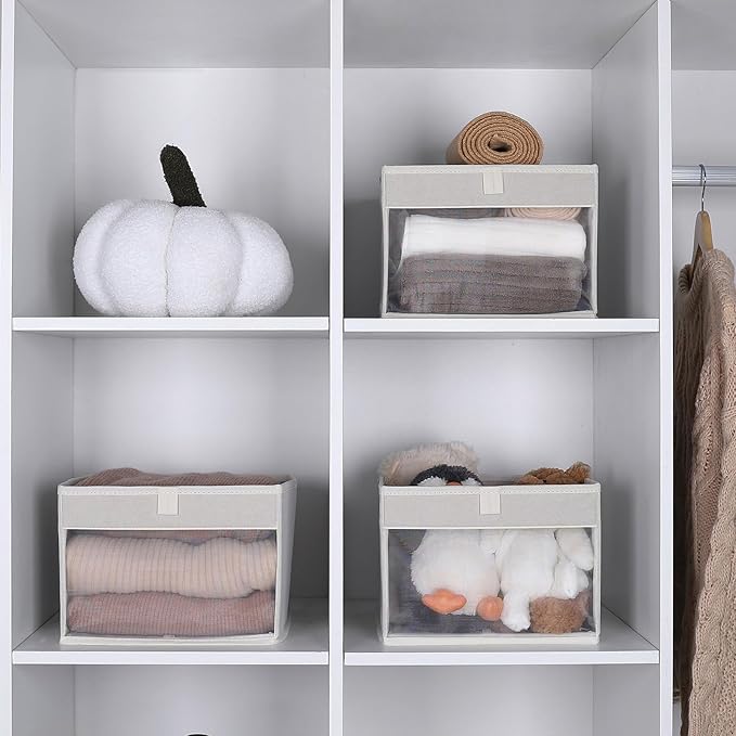 WUIKE 3 Pack Medium Storage Bins with Clear Window, Fabric Storage Bins for Home and Closet Organization, Beige