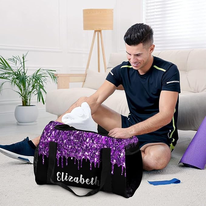 Purple Sparkle Sequin Print Duffle Bag for Men Women, Personalized Custom Name Text Crossbody Bags, Travel Sport Gym Perform Training Gym Bag