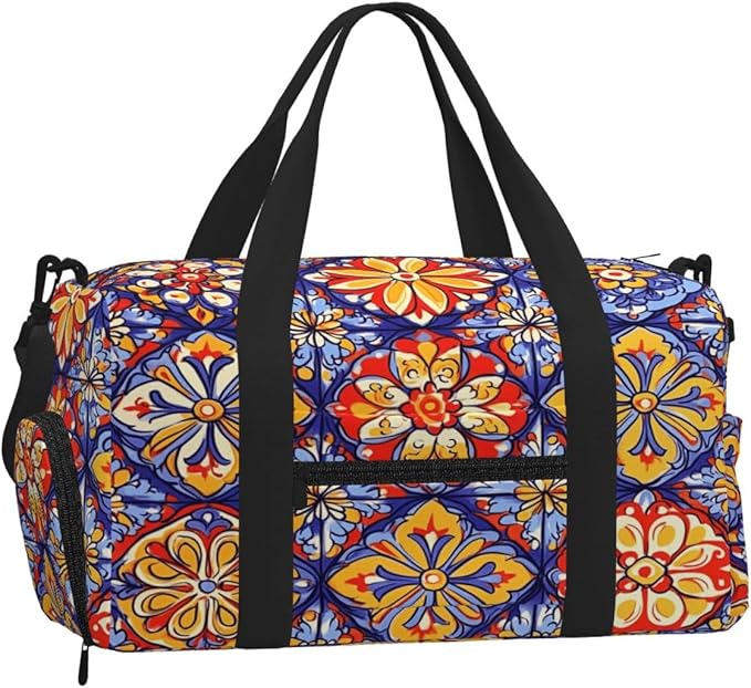 Sports Gym Bag Traditional Mexican Mandala Floral Travel Duffel Bag With Shoe Compartment Shoulder Strap, Lightweight Water-Resistant Weekend Overnight Totes For Women Men
