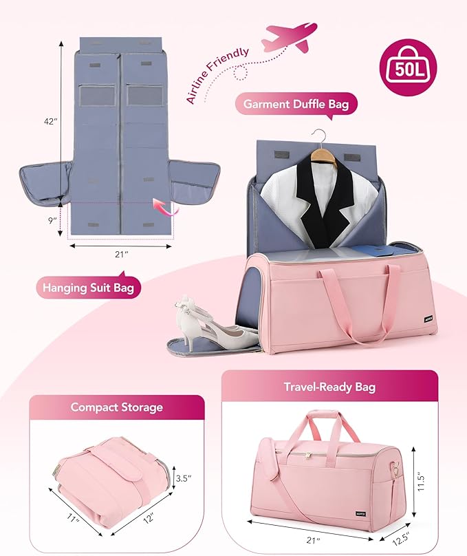 Convertible Travel Garment Bag, Carry on Garment Duffel Bag, 2 in 1 Hanging Dress Suitcase Suit Travel Bags, for Business Trips with Shoe Compartment & Multiple Pockets, AGPTEK (Pink)