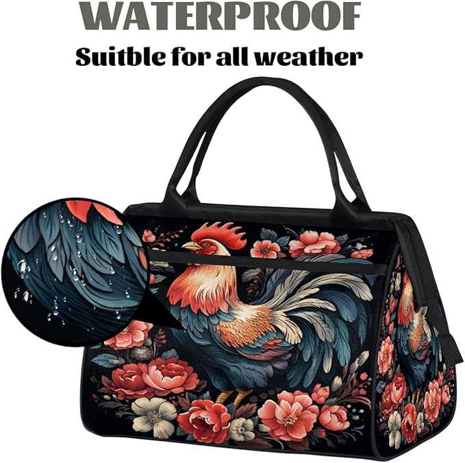 Multipurpose Duffle Bag, Waterproof Carry On Bag with Spacious Design, Rooster Chicken Floral Gym Bags, 15.2x8.3x11.6in