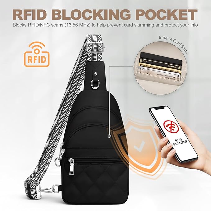 Sling Bag for Women, Anti-Theft RFID Crossbody Bag Nylon Sling Purse for Travel, Puffy Small backpack for Daily Hiking Sports Black