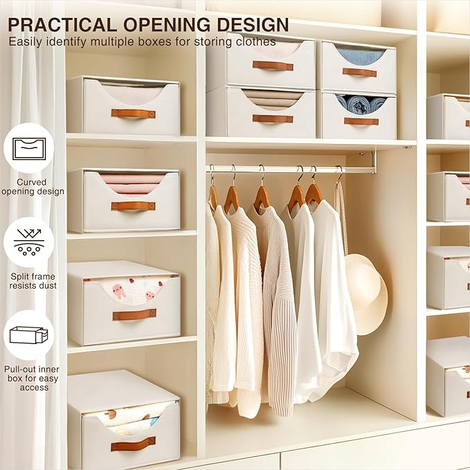 Stackable Storage Drawers - Collapsible Storage Bins with Drawers, 8 Pack Closet Shelf Organizer Basket, Fabric Pull Out Organizer for Bedroom, Living Room, Dorm, Beige