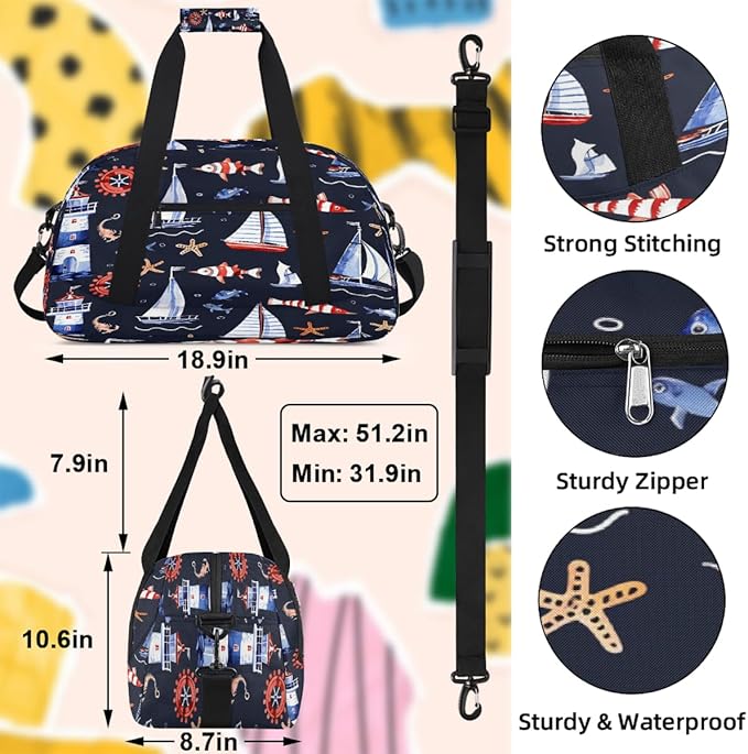 Gym Bag for Women Men, Blue White Nautical Sailboat Lighthouse Travel Duffle Bags for Dance Ballet Overnight, Carry-On Weekender Bag with Detachable Shoulder Strap