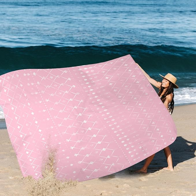 BEW Beach Blanket Waterproof Sandproof, Moroccan Blythe Pink Picnic Blankets, 86''×78'' Large Beach Mat Sand Free for 2-4 Adult, Compact Quick Drying Outdoor Blanket Beach Essentials Must Have