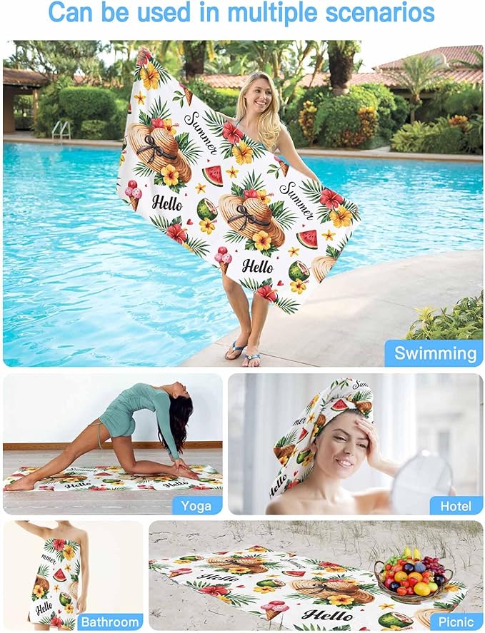 Summer Tropical Plants Beach Towel 35" x 71" Hibiscus Flowers Watermelon Pattern Quick Dry Sand Free Pool Towels Soft & Absorbent Compact Towels Beach Accessories for Travel Bathroom Swimming Pool