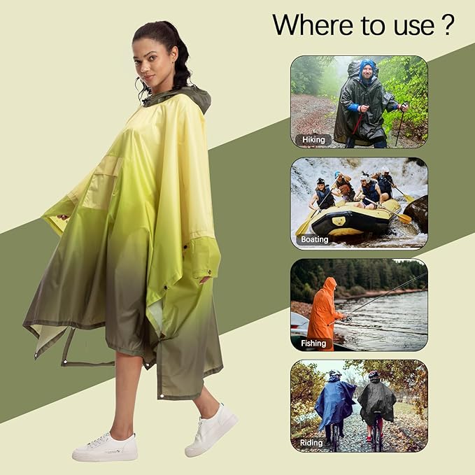 NUUR Rain Poncho for Women Adults Unisex Hooded Zipper Raincoat Waterproof Reusable Hiking Rain Coat with Pockets