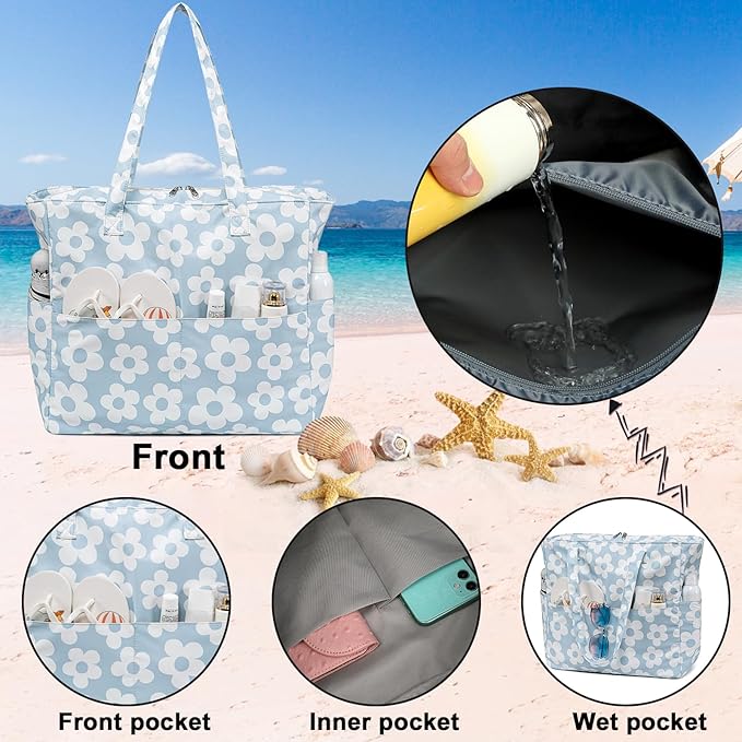 Bluboon Beach Bags for Women, Large Waterproof Tote Bag With Wet Compartment for Pool Weekender Travel Gym