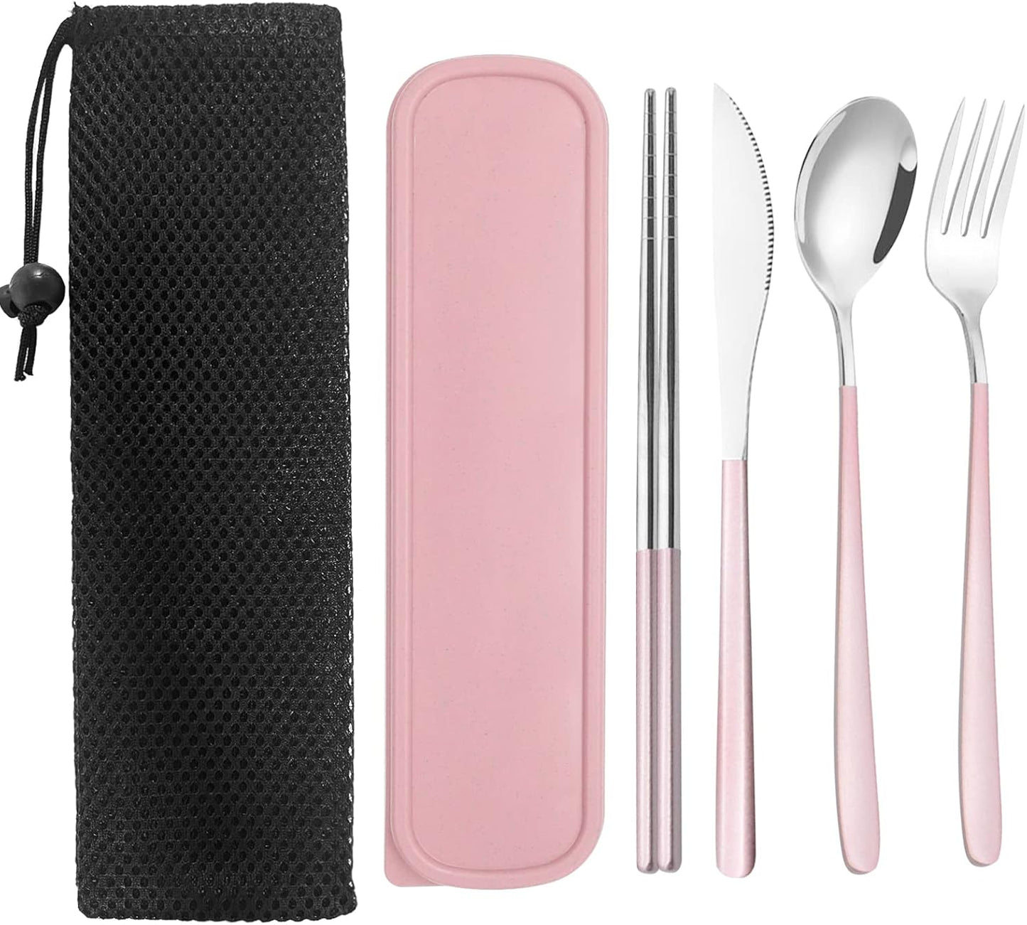Portable Travel Utensils Set with Case, Pink Reusable Silverware Set, TWUTGAYW 18/8 Stainless Steel Knife Forks Spoons Chopsticks Reusable Travel Camping Cutlery for Lunch Box Office Picnic Daily Use