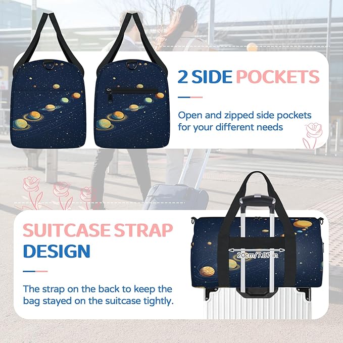 Planet Travel Duffle Bag for Women Men, Overnight Weekender Bag, Carry on Tote for Sport Gym