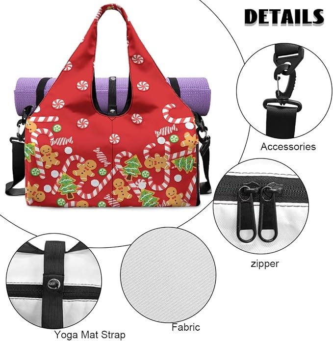 Christmas Candy Cane Gingerbread Women Duffle Bag for Travel Carry On Gym Bag with Shoes Compartment & Yoga Mat Strap Sports Camping Overnight Weekender Bags for Christmas Outfits