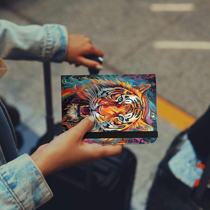 Cute Passport Holder and Holder Combo Passport Cover with RFID Blocking Women Men Compatible Wallet Credit Card Protector (Orange-Tiger)