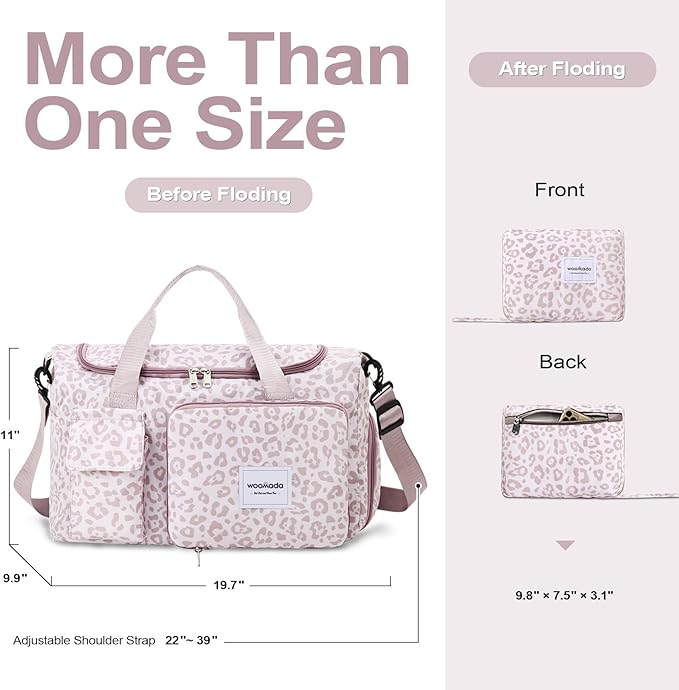 WOOMADA Foldable Travel Duffel Bag with Shoes Compartment, Overnight Bag with Wet Pocket & Trolley Sleeve, Weekender Bags for Women(A-pink leopard)
