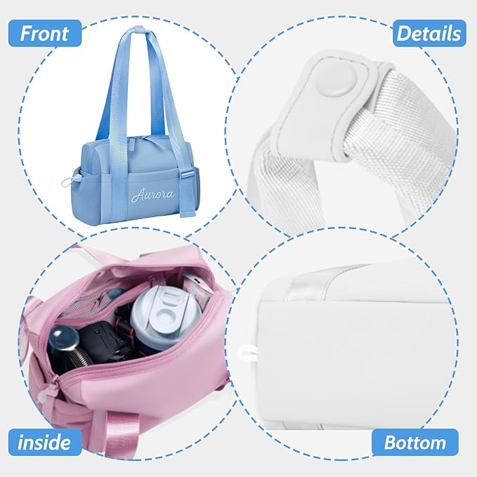 Personalized Mini Gym Bag for Women, Custom Embroidered Name Yoga Tote, Waterproof PU Fitness Duffle with Wet Compartment (blue duffle bag)