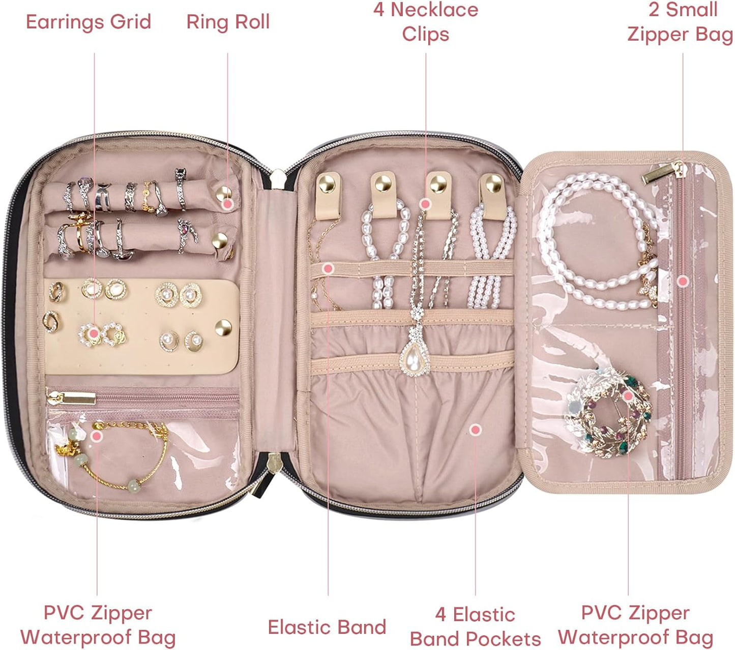 Jewelry Travel Case Organizer for Necklaces, Earrings, Rings, Bracelet, Watch, Soft Sided, Grey