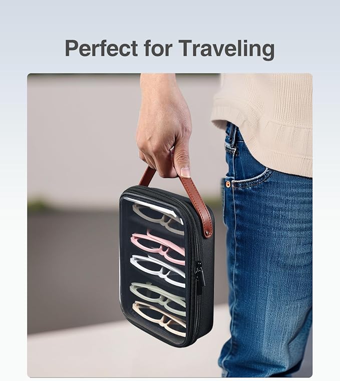 Luxtude Travel Sunglasses Organizer Case for Women Men, Glasses Case Multiple Pairs w/Adjustable Slot, Clear Sunglass Storage