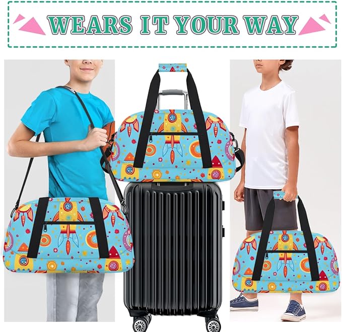 Rocket Pattern Gym Travel Duffle Bag for Women & Men with Front Zipper Pocket for Sports, Overnight, Weekender, Carry On,Workout & Dance Bag,18.9 * 8.7 * 10.6 in