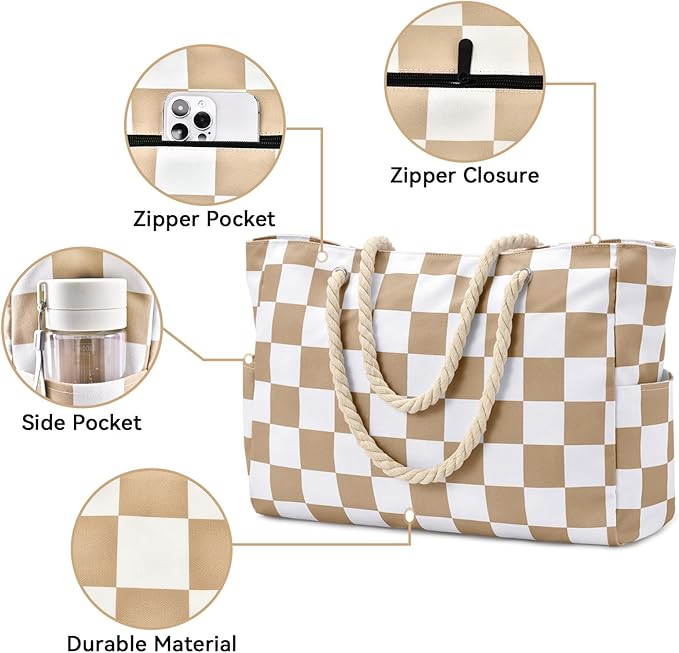 Becokan Beach Bags for Women Checkered Large Beach Tote Bag Zipper Beach Bags Waterproof Sandproof Canvas Swim Pool Bag