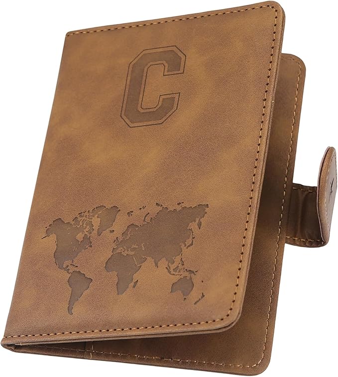 Personalized Passport Holder – Initial Letter Passport Cover with RFID Blocking, Holds 2 Passports, Slim PU Leather Unisex Travel Wallet, Brown C