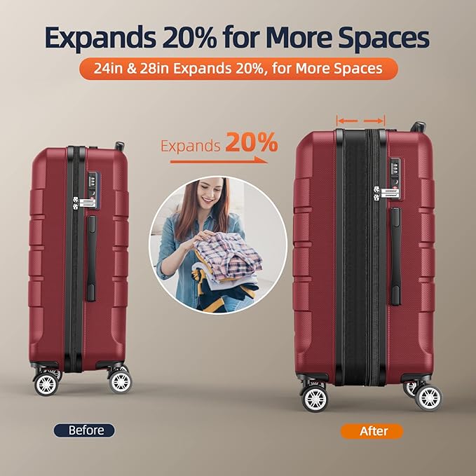 SHOWKOO Luggage Sets 3 Piece Expandable 100% PC Durable Hardshell Suitcase with Wheels TSA Lock Lightweight Luggage Wine Red