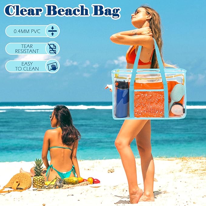 Clear Beach Bag for Women, Large Pool Tote Cruise Vacation Essentials - Zipper Closure, Waterproof, Sandproof